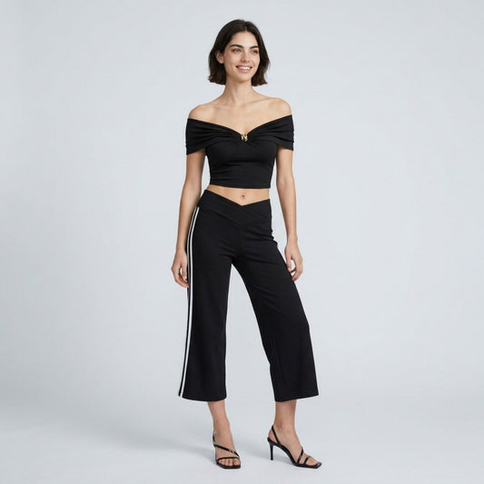 Crossover Waistband Side-Stripe Cropped Wide-Leg Trousers