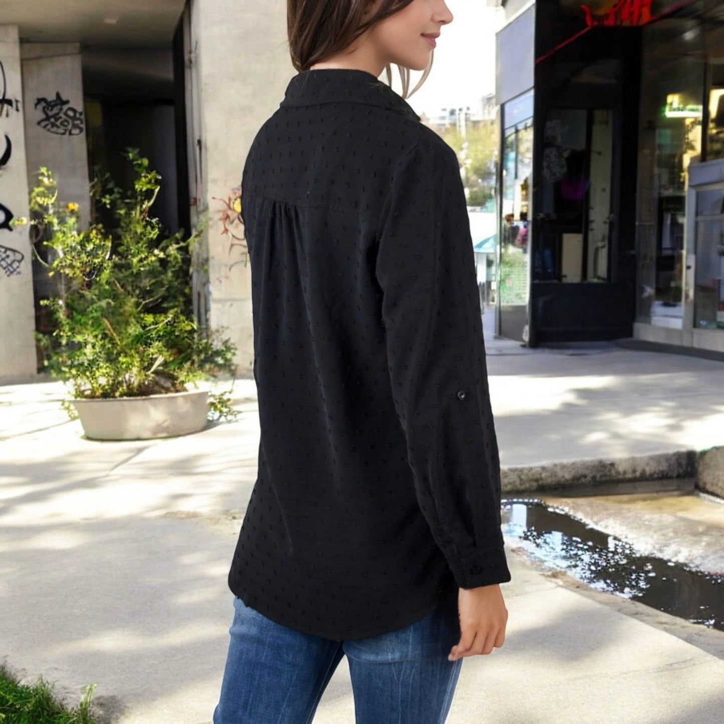 Long Sleeve Textured Blouse Button-Up Detail Spread Collar