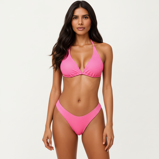 2-Piece Ribbed Triangle Bikini Set with Halter Top and High Cut Bottom