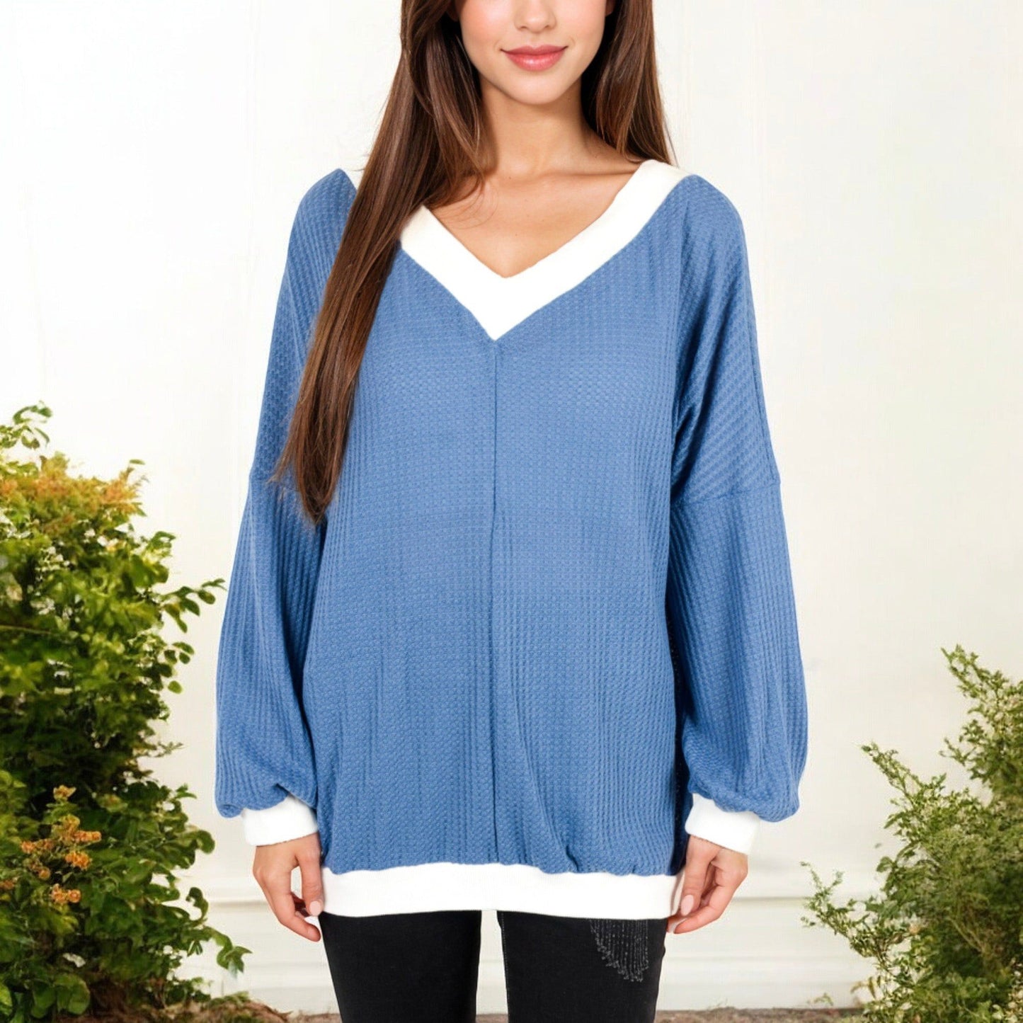 V-Neck Waffle Knit Long Sleeve Top Contrast Trim Relaxed Fit