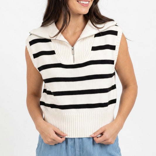 Striped Quarter Zip Sleeveless Sweater Vest