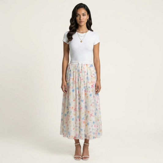 Floral Midi Skirt Elastic Waist Flowy Lightweight Chiffon A Line Casual Skirt