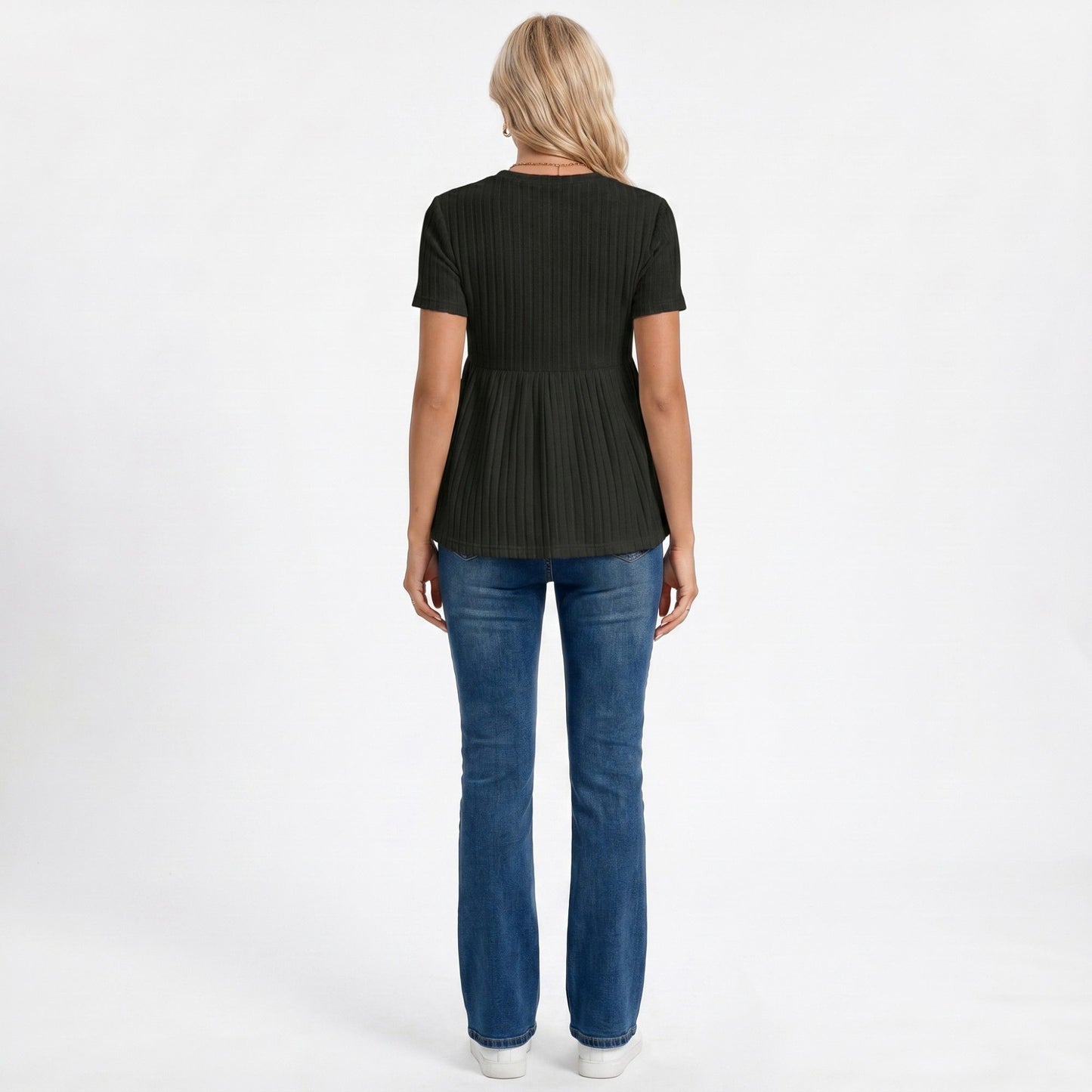 Short Sleeve Rib Knit Peplum Maternity Top with Round Neck