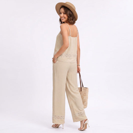 Sleeveless Button Front Jumpsuit with Crochet Lace Back