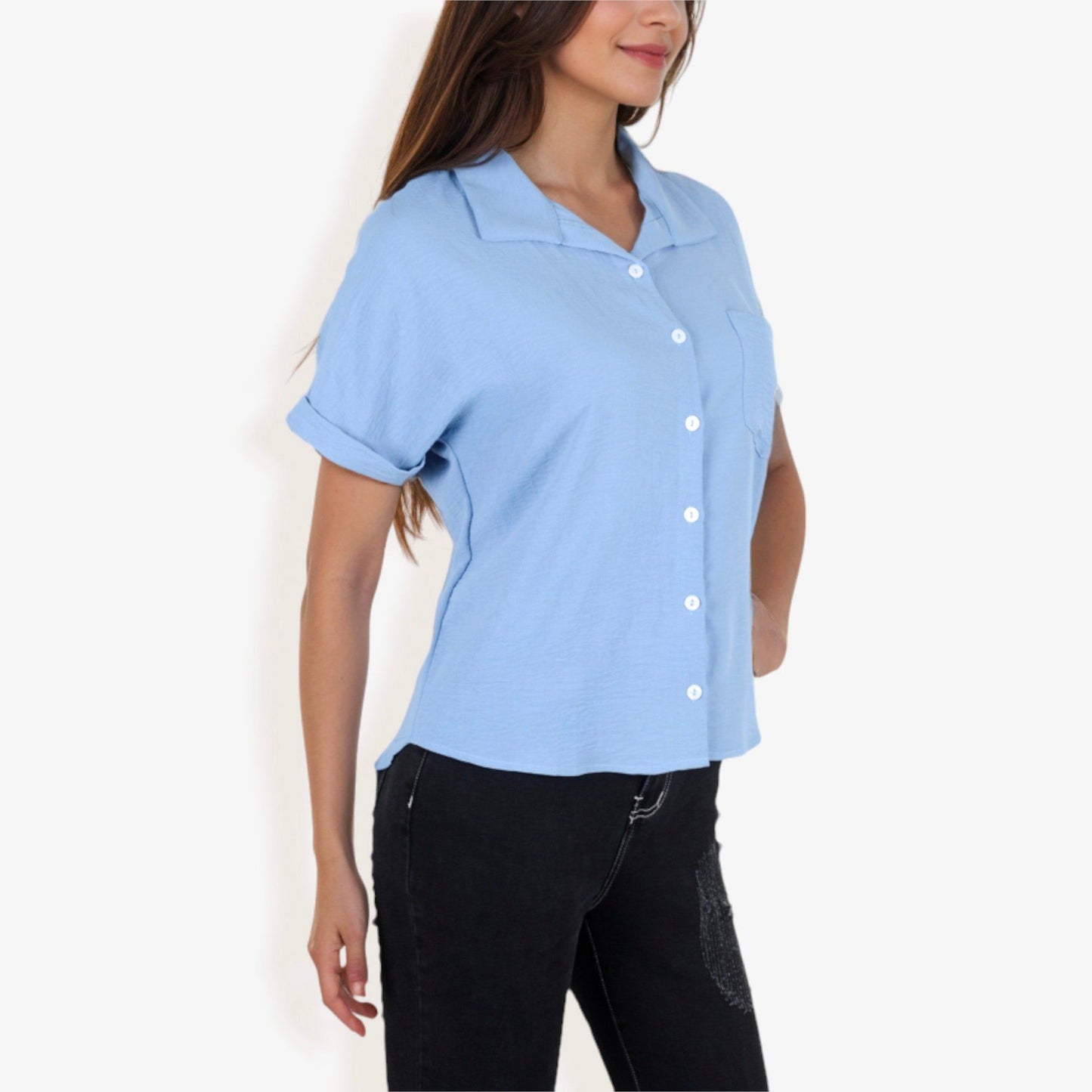 Short Sleeve Button Down Shirt Front Pocket Notched Collar