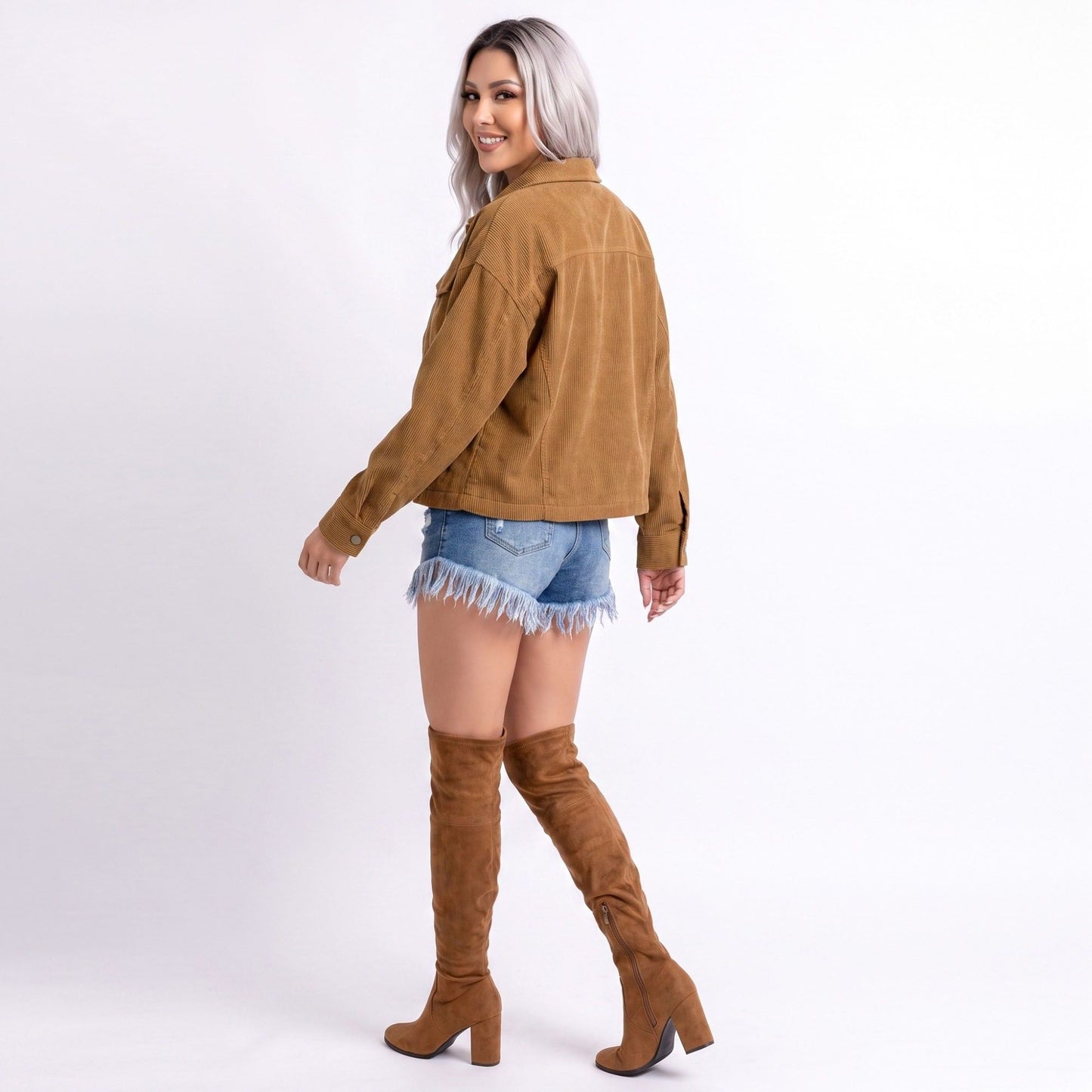 Cropped Button Front Shirt Jacket with Patch Pockets