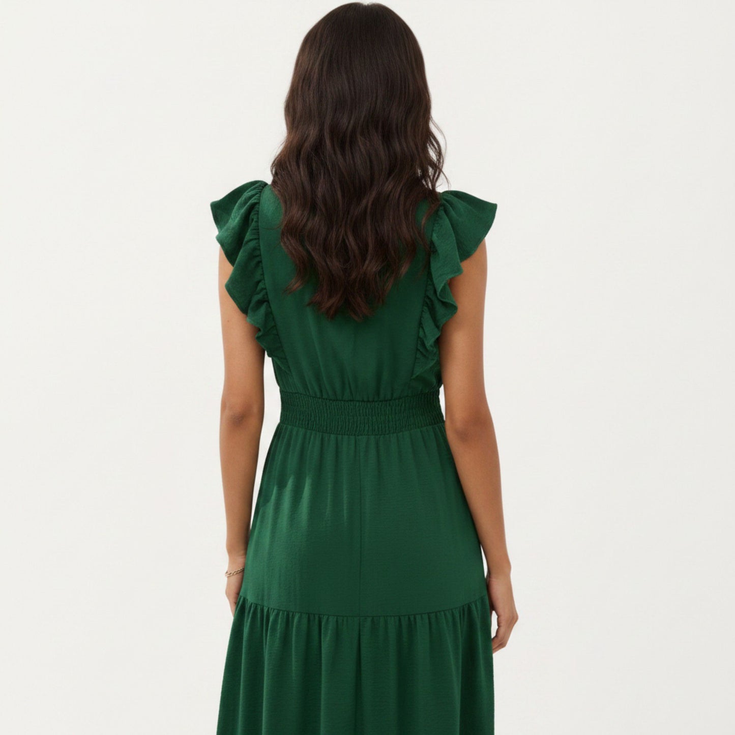 Tiered Midi Dress with Ruffle Sleeves and Smocked Waist