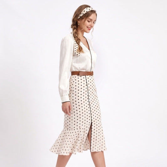 Polka Dot 2-Piece Set Button Front Blouse and Ruffle Hem Midi Skirt