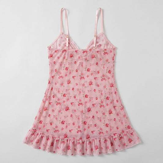 Floral Sheer Mesh Ruffle Chemise Nightgown