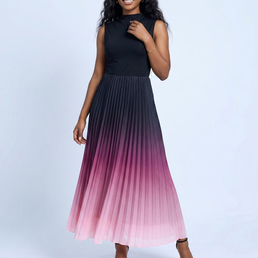 Sleeveless High Neck Pleated Ombre A-Line Maxi Dress with Flowy Skirt