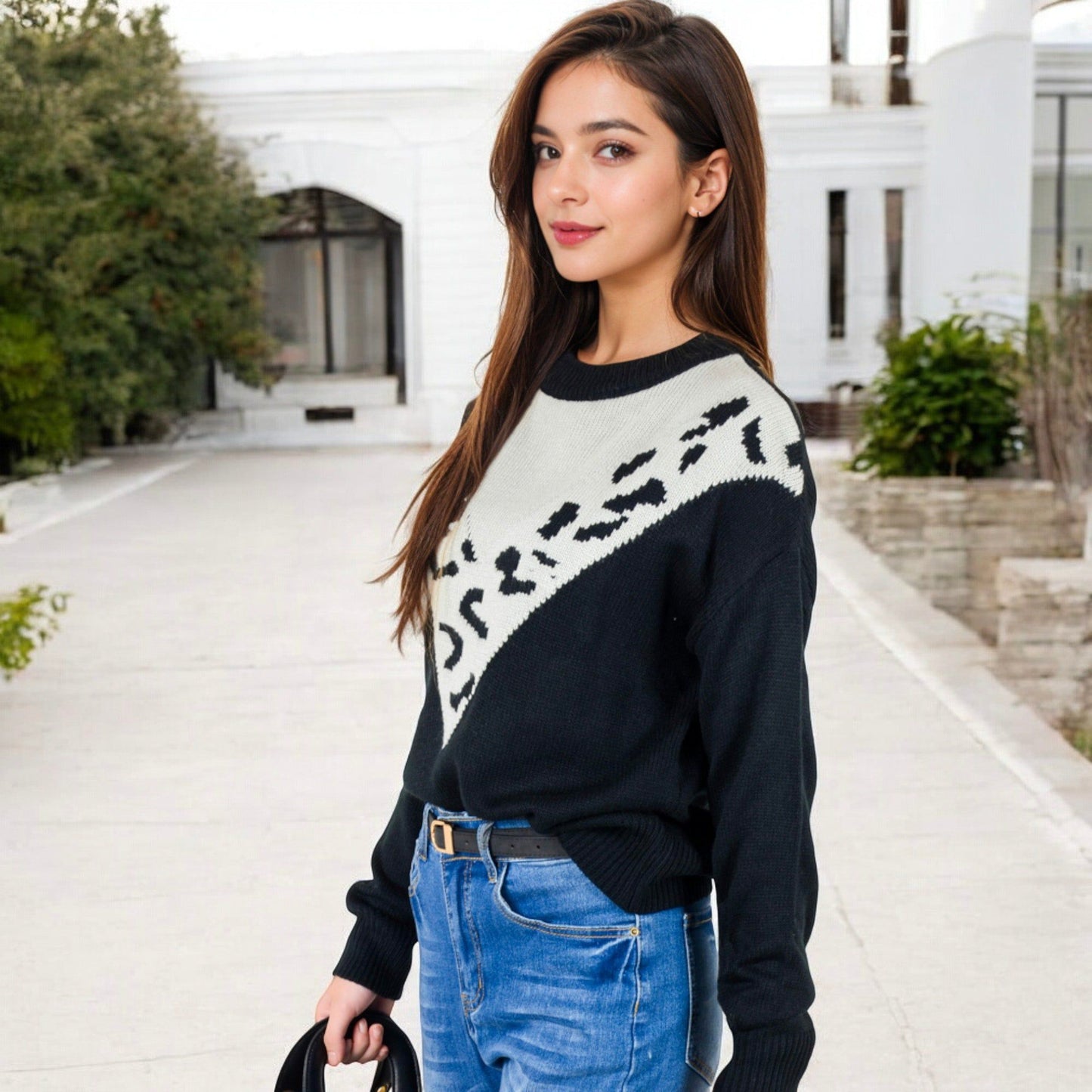 Crew Neck Sweater with Contrast Leopard Print Chevron Design