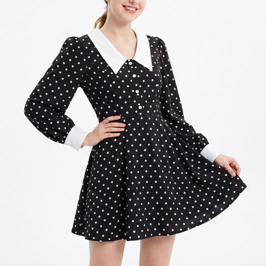 Polka Dot Mini Dress Contrast Collar Button Front Long Sleeve Fit and Flare