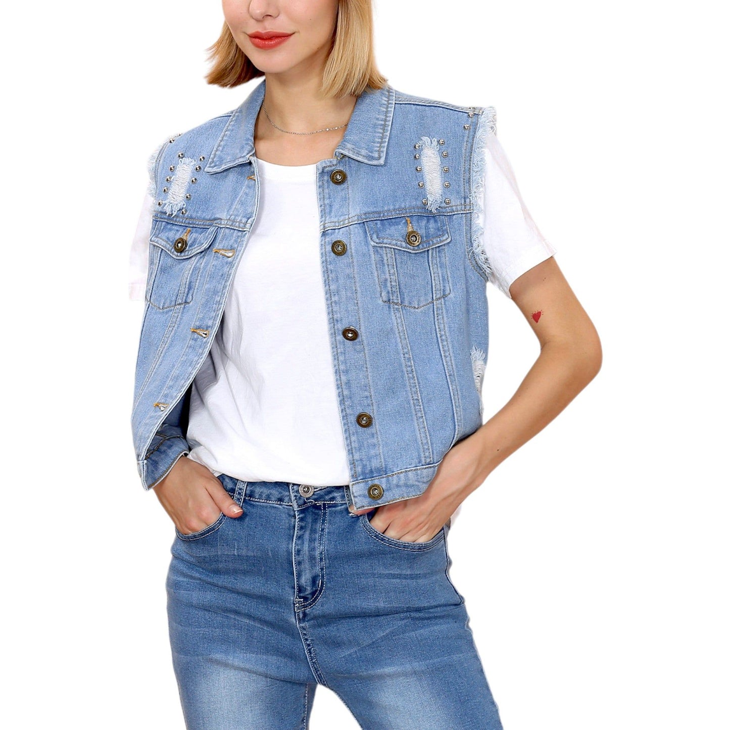 Sleeveless Distressed Denim Jean Jacket Vest