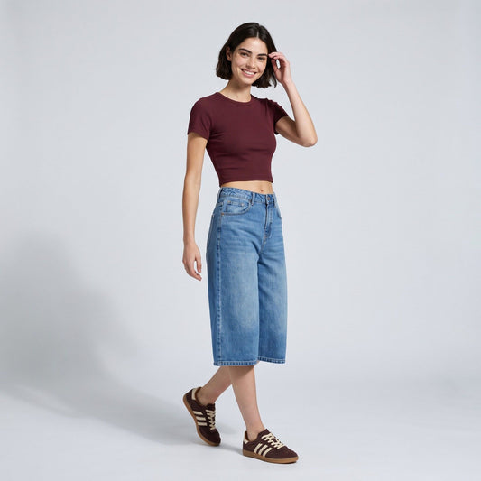 High-Waisted Cropped Wide-Leg Denim Trousers