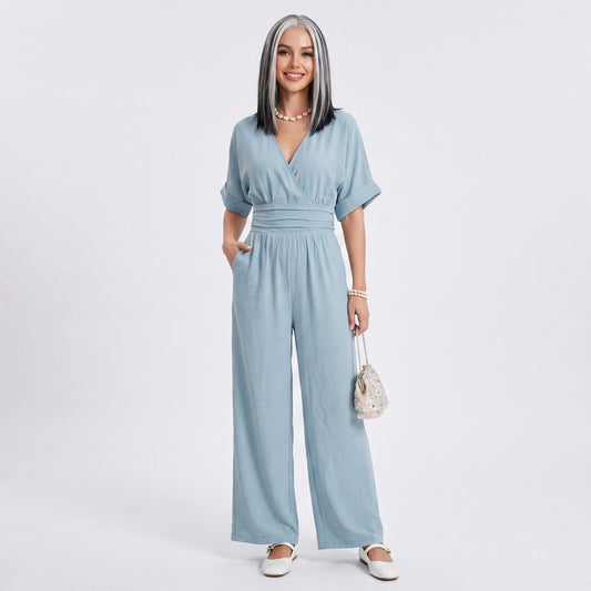 Surplice Jumpsuit Short Sleeve Wide Leg Tie Waist One Piece