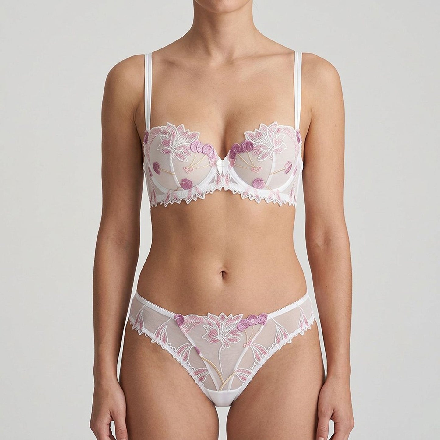 Floral Embroidered Sheer Mesh Underwire Bra and Panty Two Piece Lingerie Set