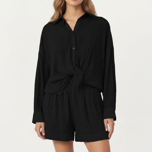 2-Piece Pajama Set Button Down Pajama Shirt and Shorts Long Sleeve Textured Stripe Printed