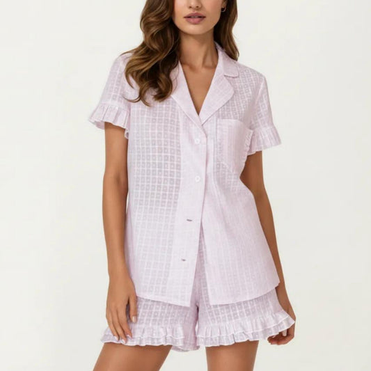 2-Pc Set Button Down Pajama Shirt and Shorts Short Sleeve Textured Check Printed Ruffle Trim