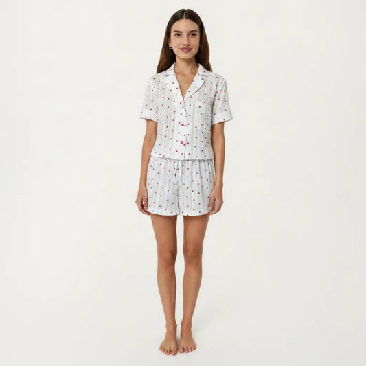 2-Pc Set Button Down Pajama Shirt and Shorts Short Sleeve Heart Printed Lounge Sleepwear Set