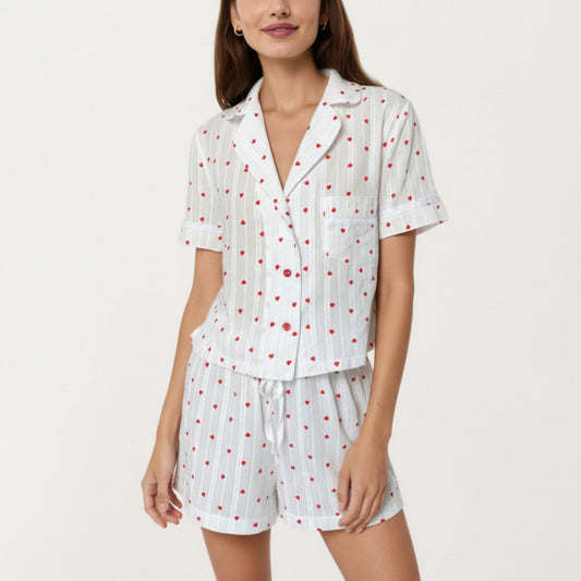 2-Pc Set Button Down Pajama Shirt and Shorts Short Sleeve Heart Printed Lounge Sleepwear Set