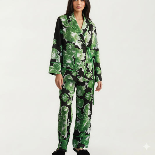 2-Pc Set Button Down Pajama Shirt and Pants Long Sleeve Floral Printed Lounge Sleepwear Set