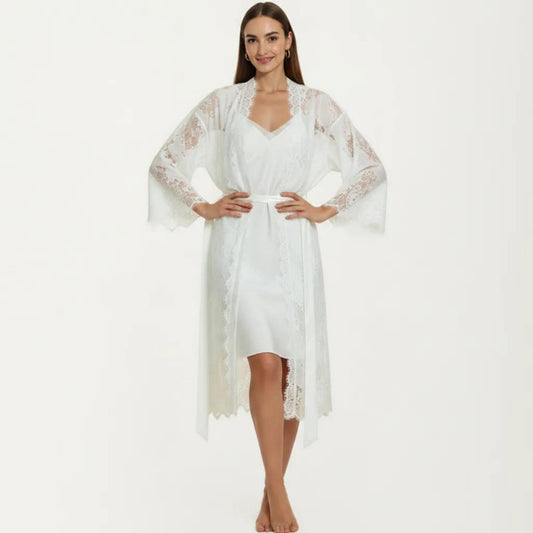 2-Piece Set Smooth Sleepwear Slip Dress with Sheer Lace Long Robe Open Front Nightgown Set