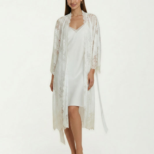 2-Piece Set Smooth Sleepwear Slip Dress with Sheer Lace Long Robe Open Front Nightgown Set