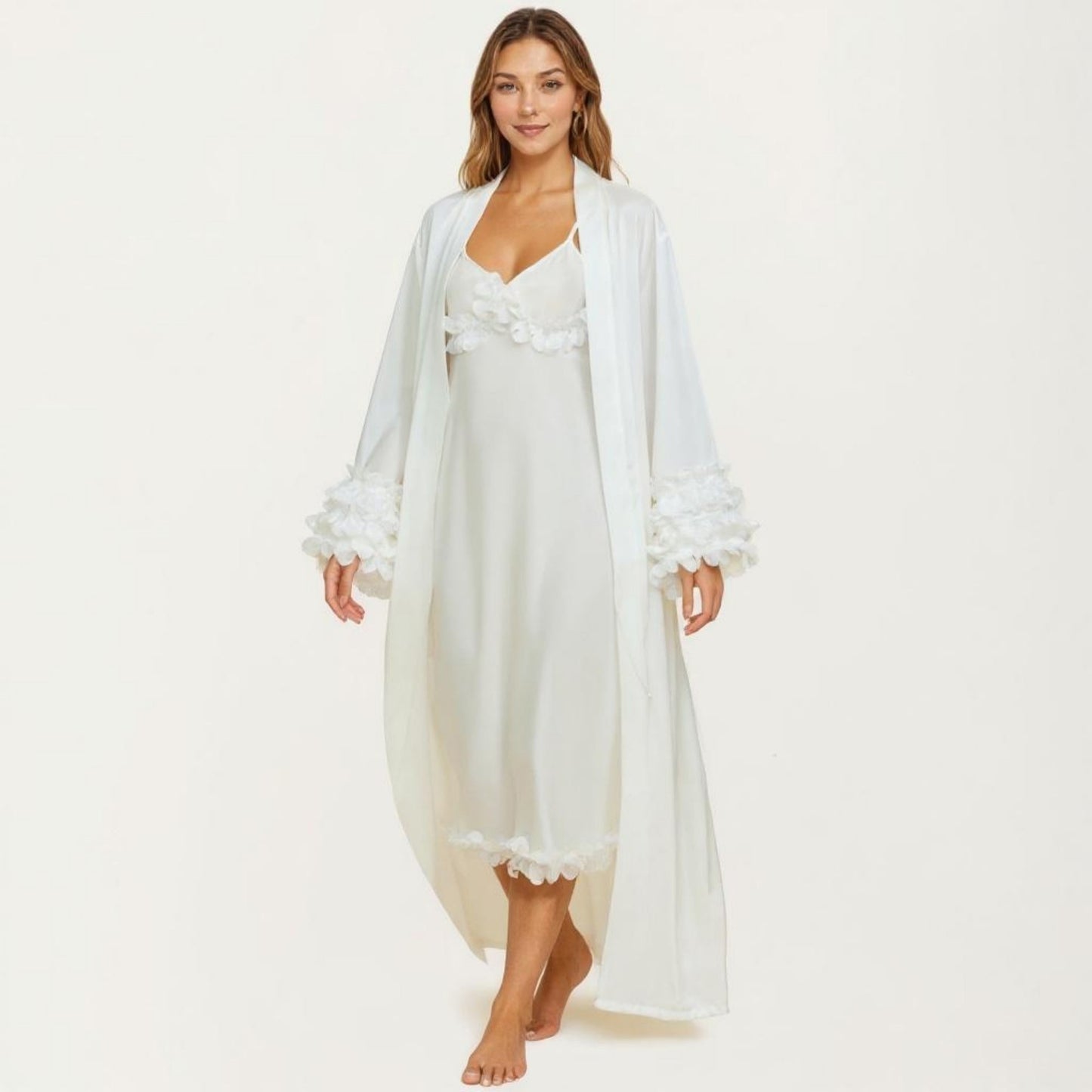 2-Piece Set Smooth Sleepwear Slip Dress with Long Sleeve Open Front Robe Floral Trim