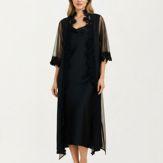 2-Piece Set Smooth Sleepwear Slip Dress with Sheer Lace Trim Robe Lightweight Nightgown Set