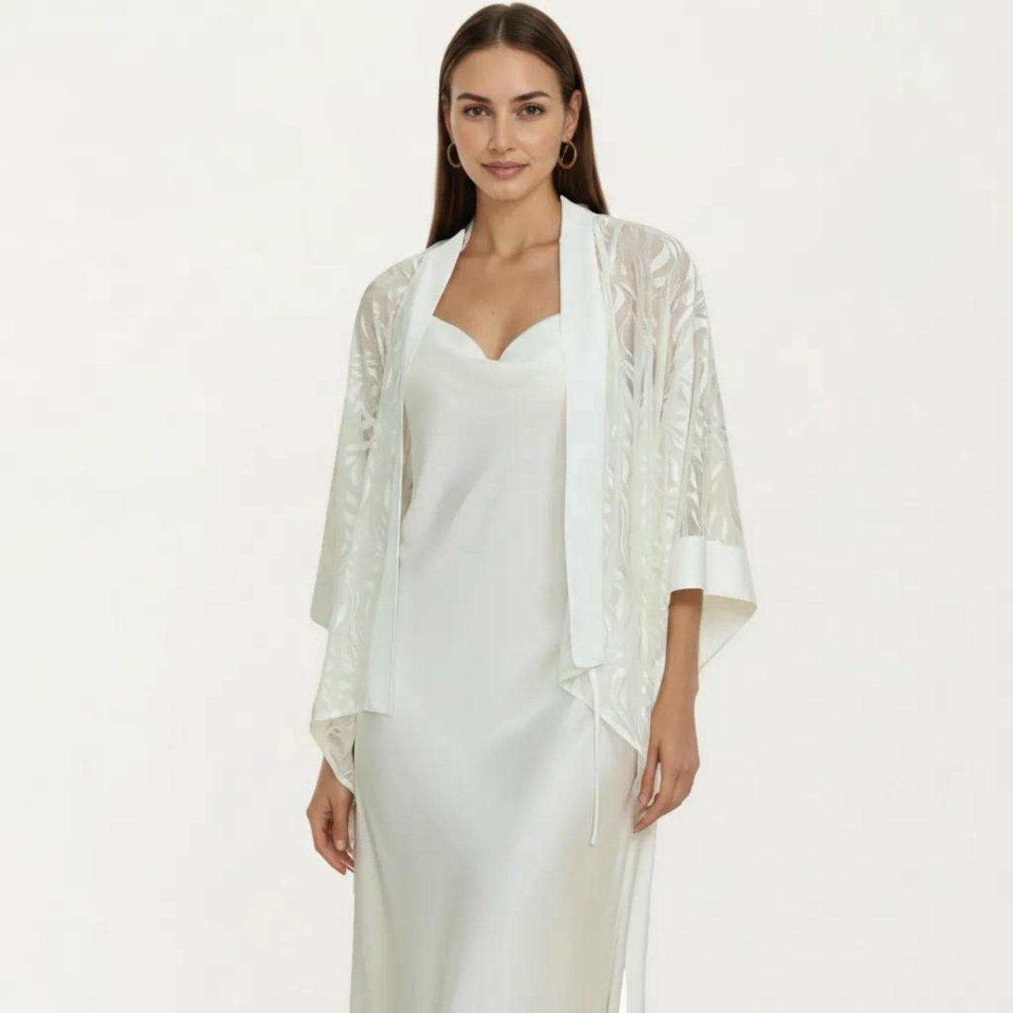 2-Piece Set Smooth Sleepwear Slip Dress with Sheer Lace Robe Lightweight Long Nightgown Set