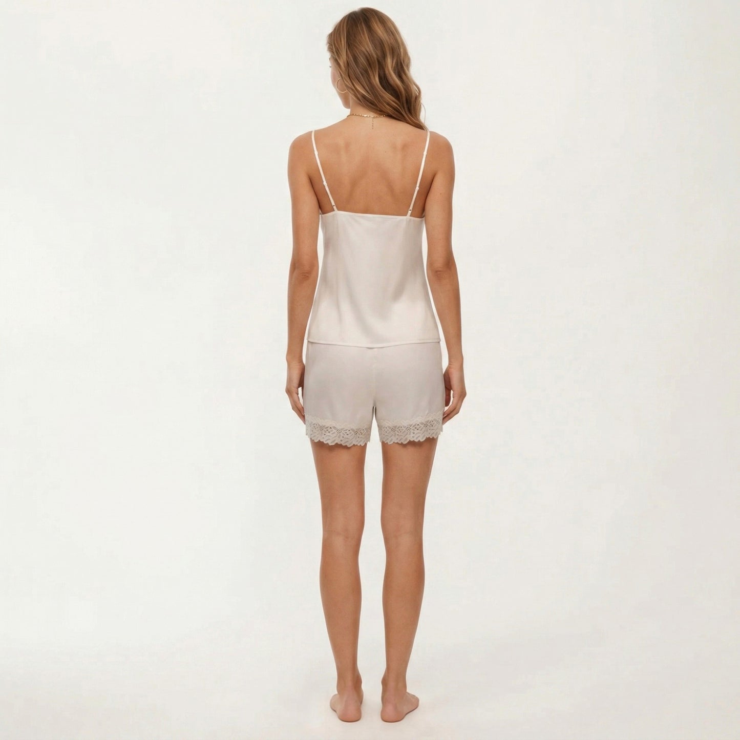2-Piece Set Smooth Pajama Camisole Top and Shorts with Lace Trim Button Front