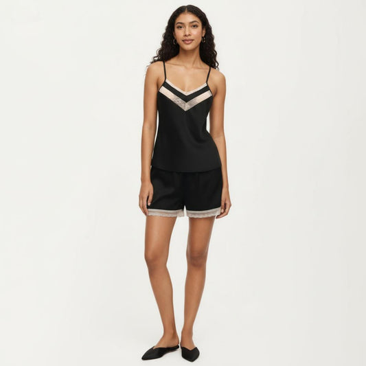 2-Piece Set Satin Pajama Camisole Top and Shorts with Contrast Lace Trim Adjustable Straps