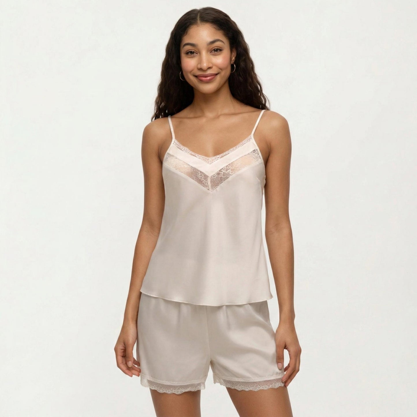 2-Piece Set Satin Pajama Camisole Top and Shorts with Contrast Lace Trim Adjustable Straps