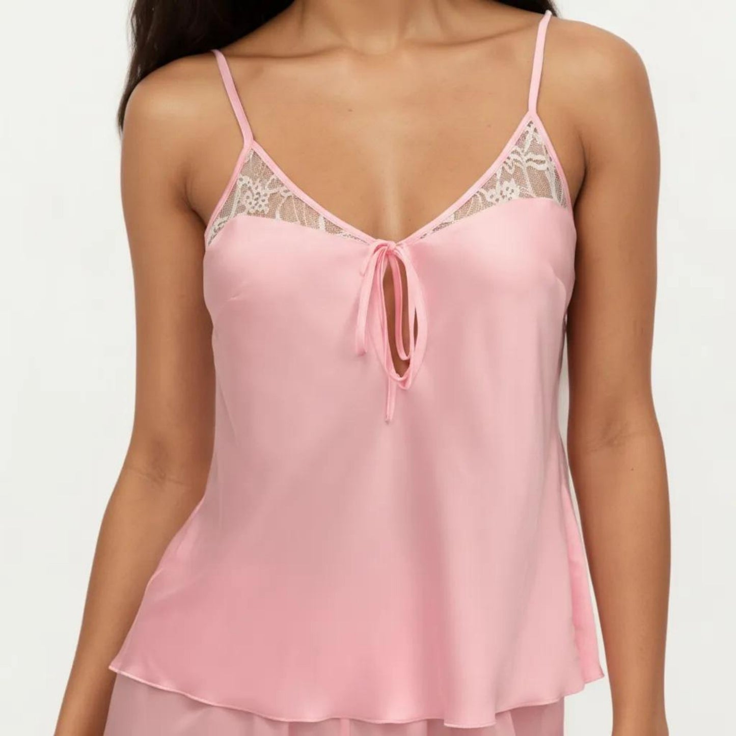 2-Piece Set Satin Pajama Camisole Top and Shorts with Lace Trim Adjustable Straps Sleepwear