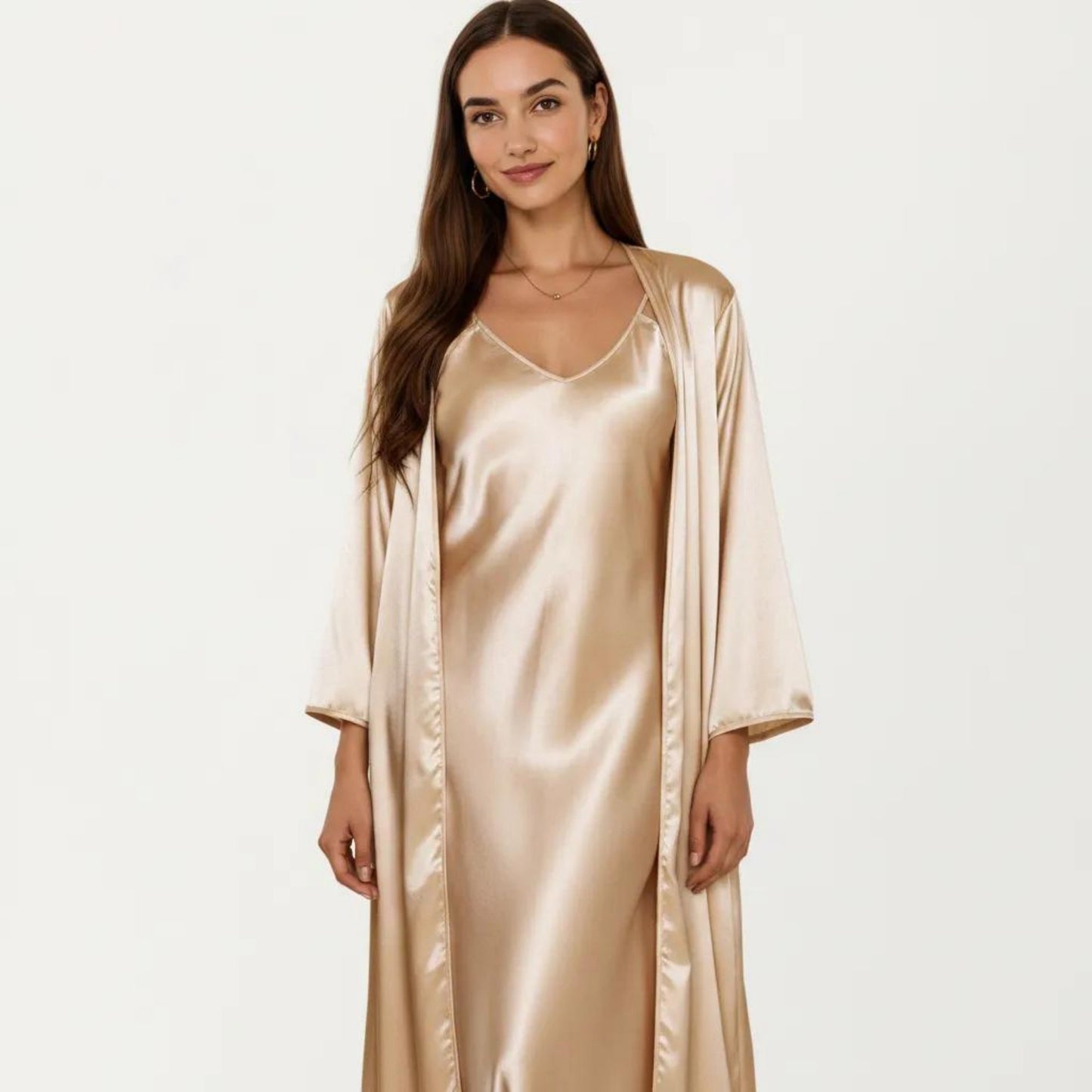 2-Piece Set Satin Sleepwear Slip Dress with Matching Long Sleeve Robe Silky Pajama Set