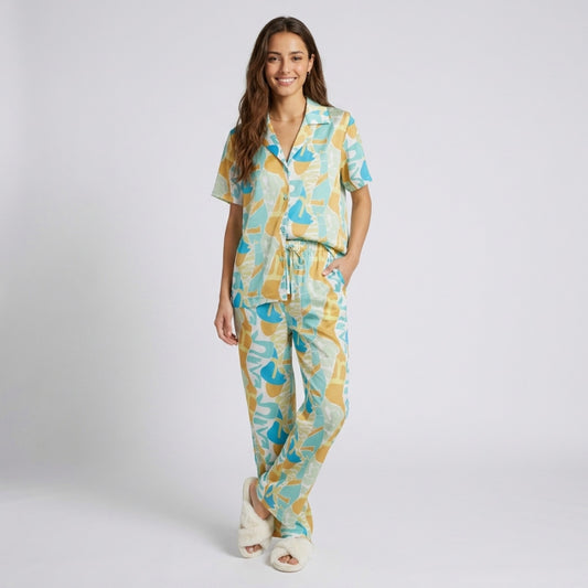 2-Piece Abstract Print Pajama Set with Short Sleeve Button Top and Wide Leg Pants