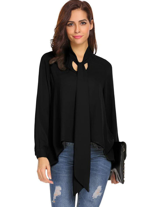 Anna-Kaci Flowy Chiffon Bow Blouse by Anna-Kaci Large / Black