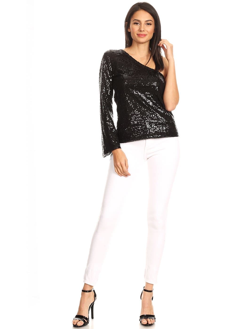 ANNA-KACI One Shoulder Sequin Top Party Blouse for Women by Anna-Kaci | Alilang