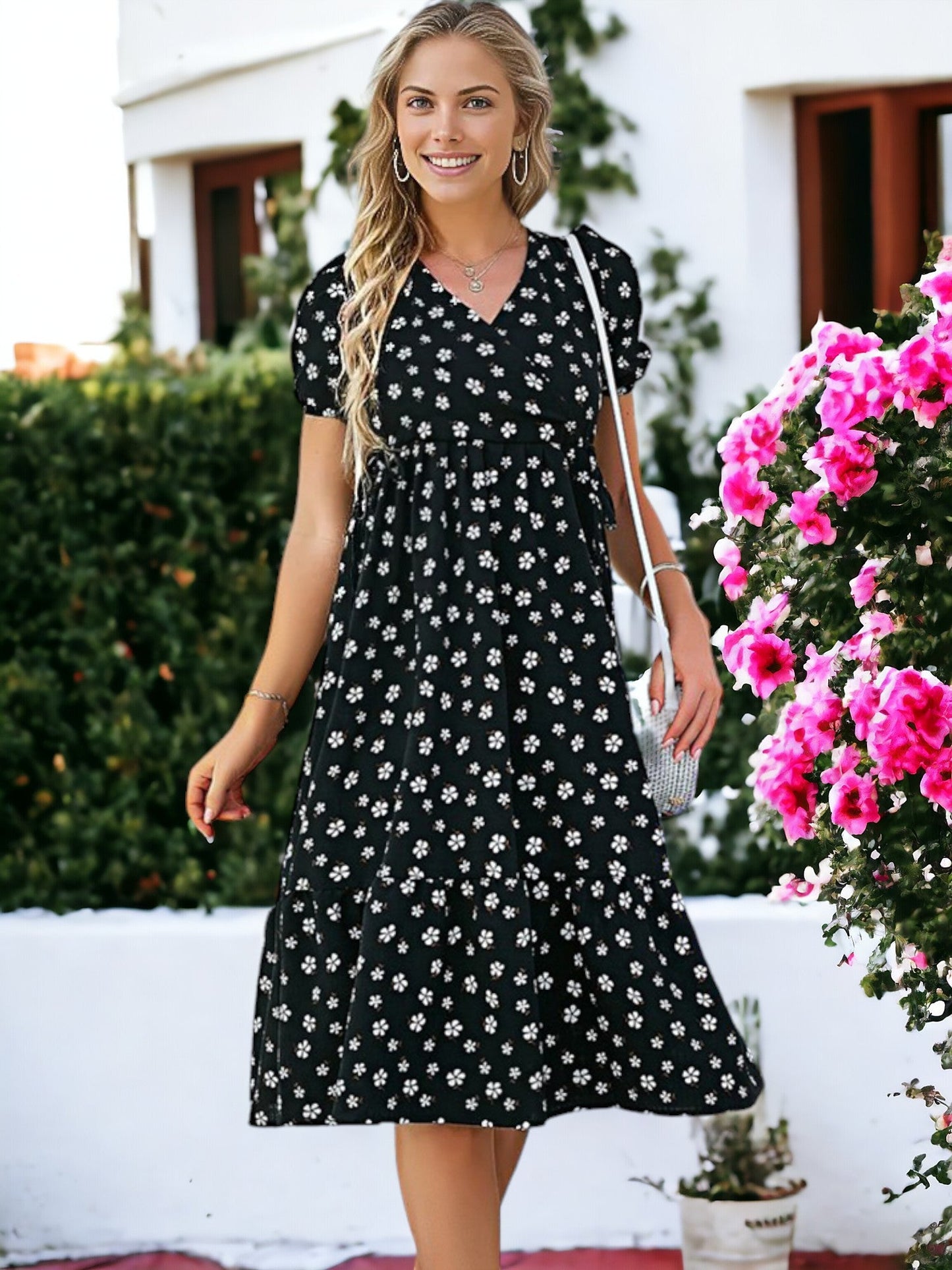 Double Tie Waist Printed Dress