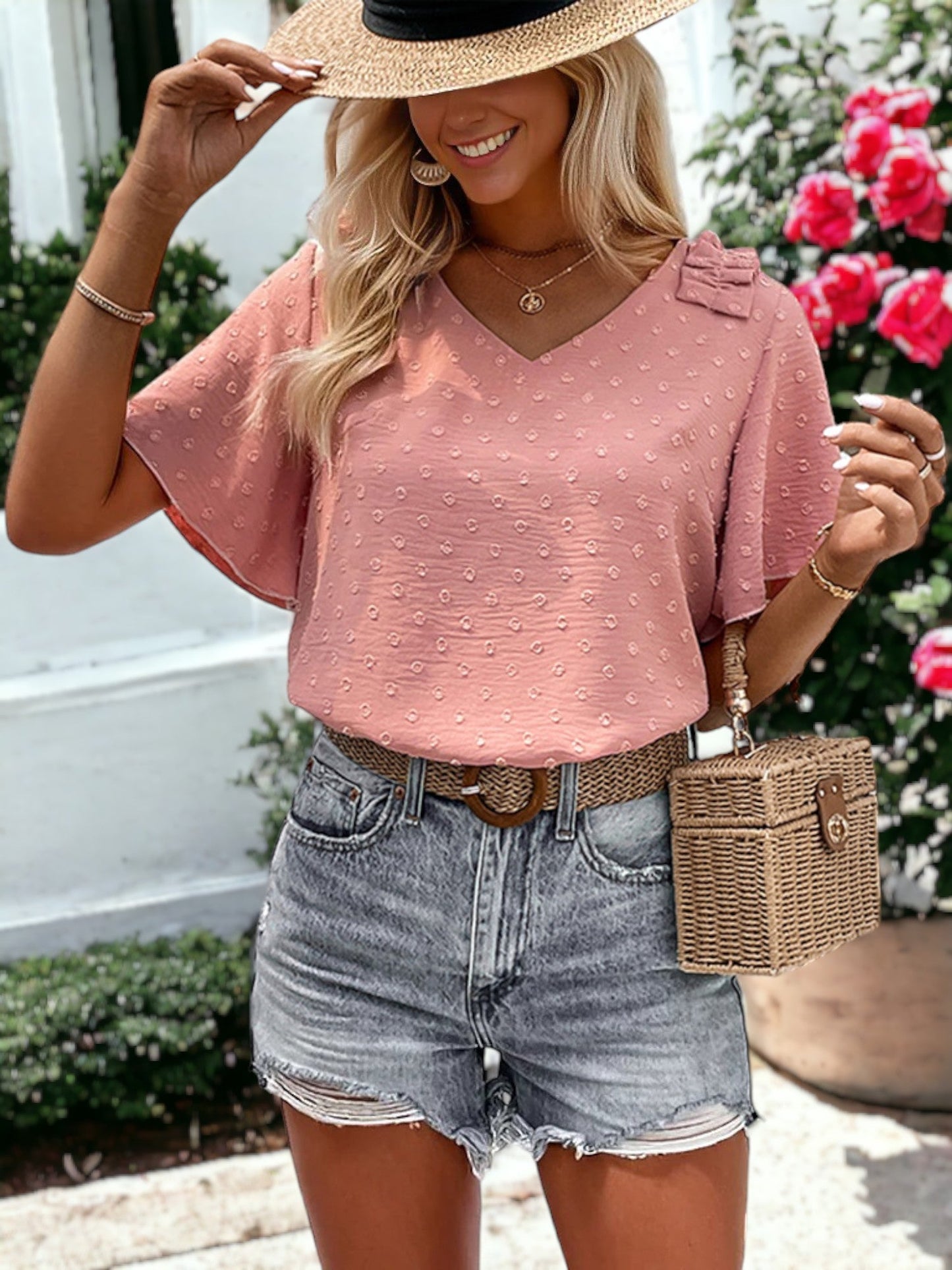 Ruffle Shoulder Short Sleeve Blouse