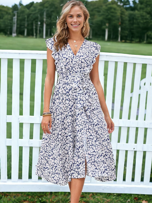 Ruffle Detail Floral Slit Dress