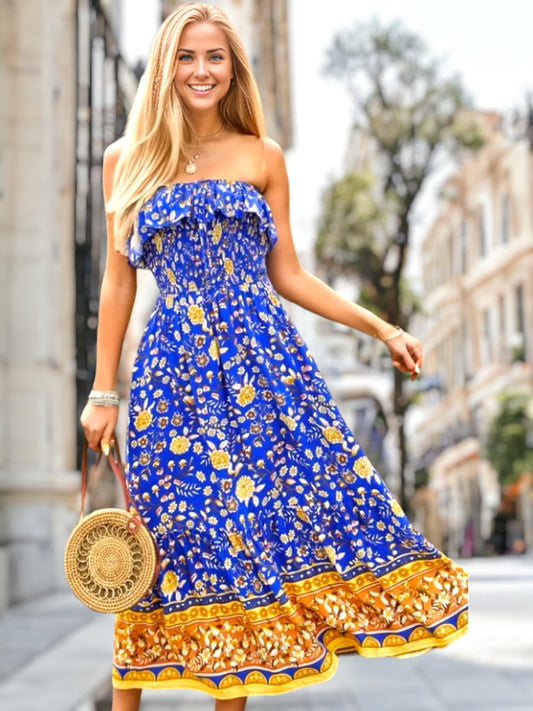 Strapless Ruffle Floral Print Dress