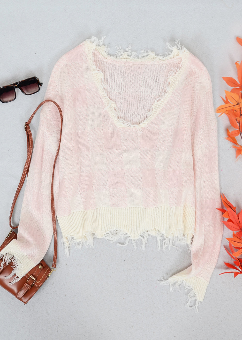 Tassel Frayed Hem Patterned Sweater