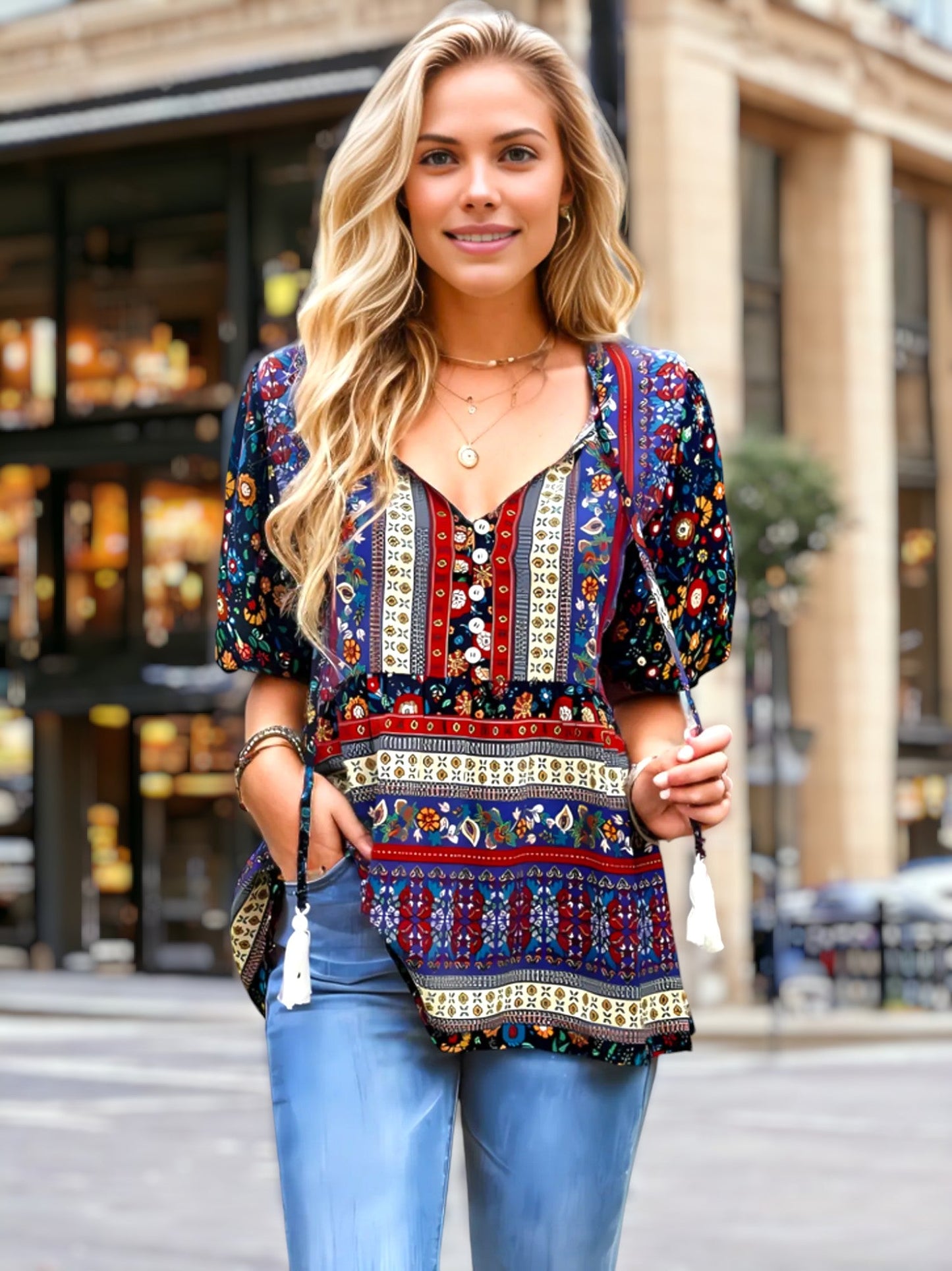 Tassel Tie Neck Puff Sleeve Top
