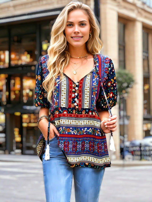 Tassel Tie Neck Puff Sleeve Top