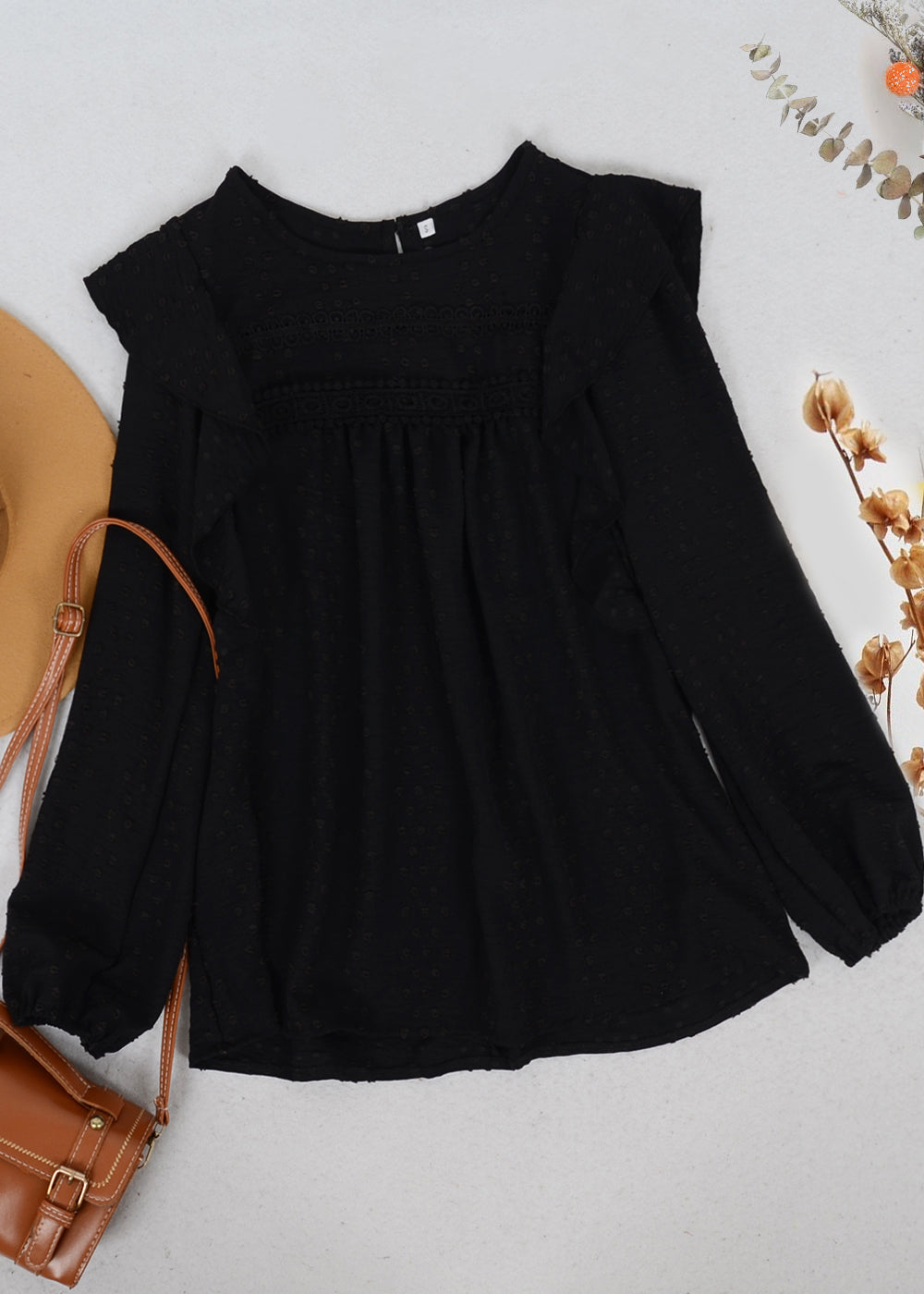 Ruffle Shoulder Crochet Detail Blouse