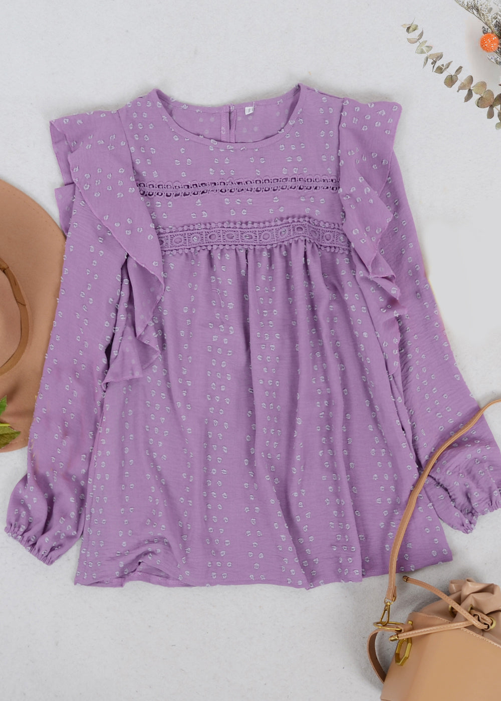 Ruffle Shoulder Crochet Detail Blouse