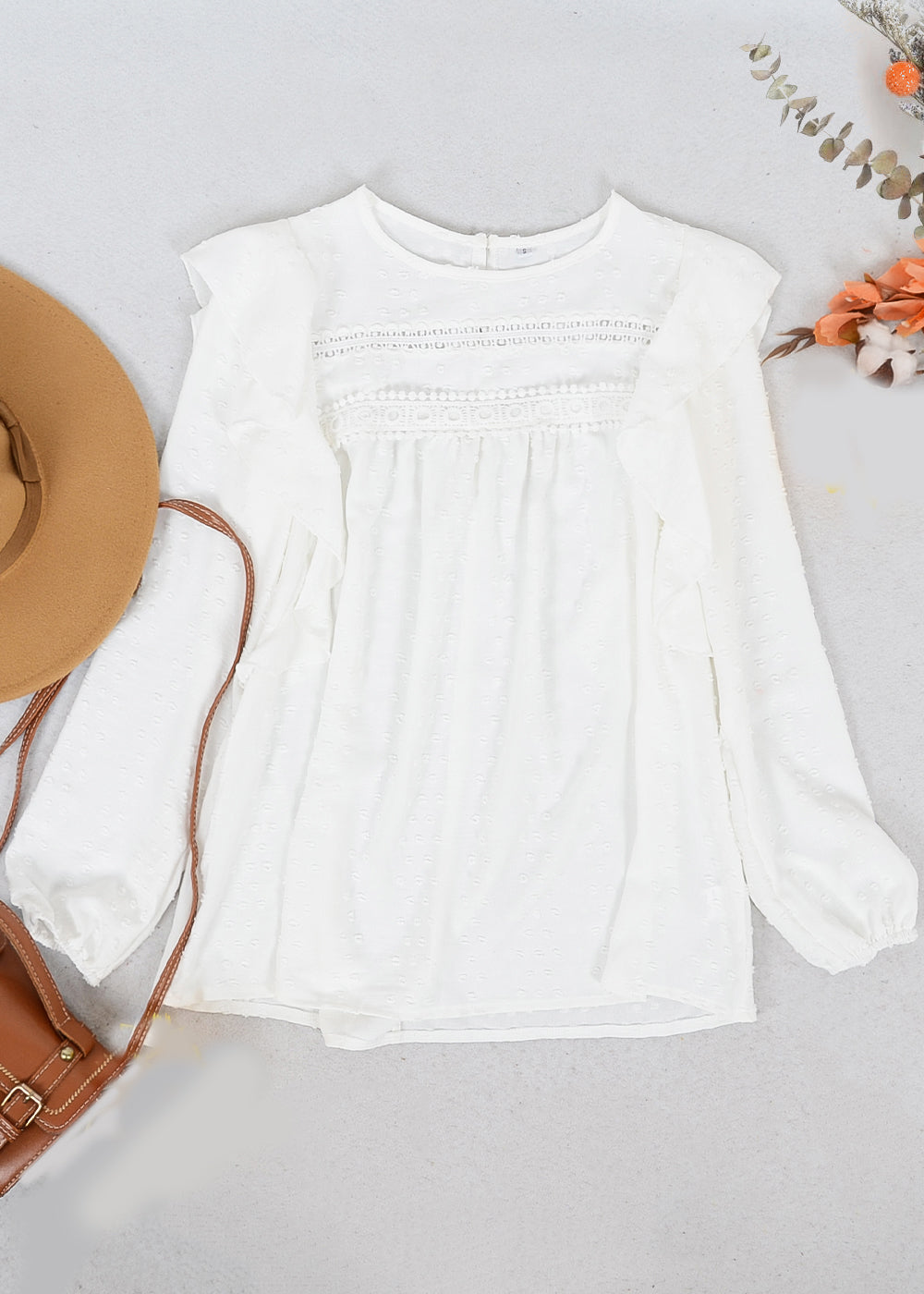 Ruffle Shoulder Crochet Detail Blouse