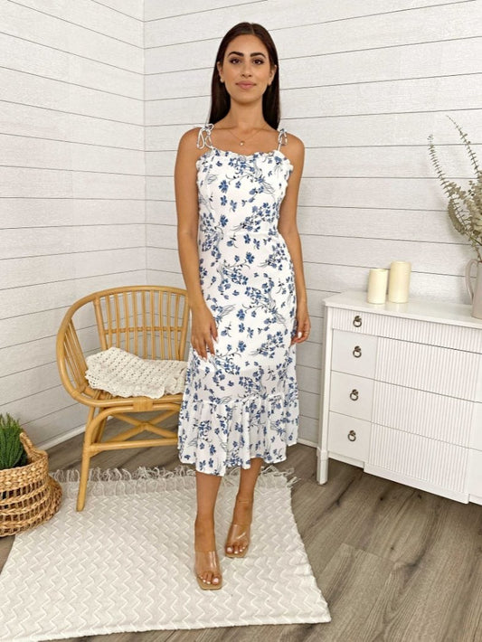 Adjustable Strap Floral Print Midi Dress