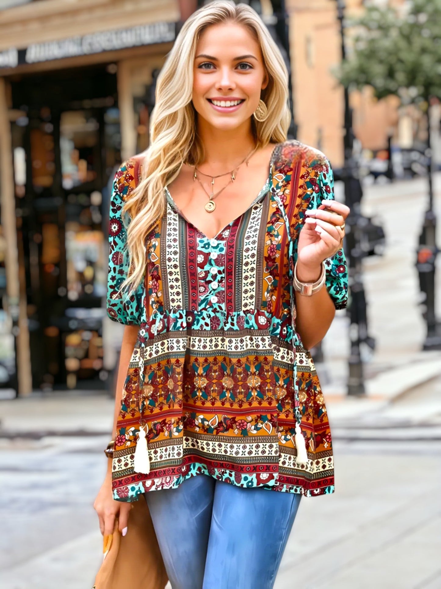 Tassel Tie Neck Puff Sleeve Top